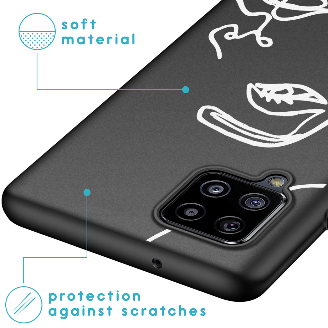 Coque de téléphone noire avec un dessin au trait blanc d'un visage. Texte : protection contre les rayures.