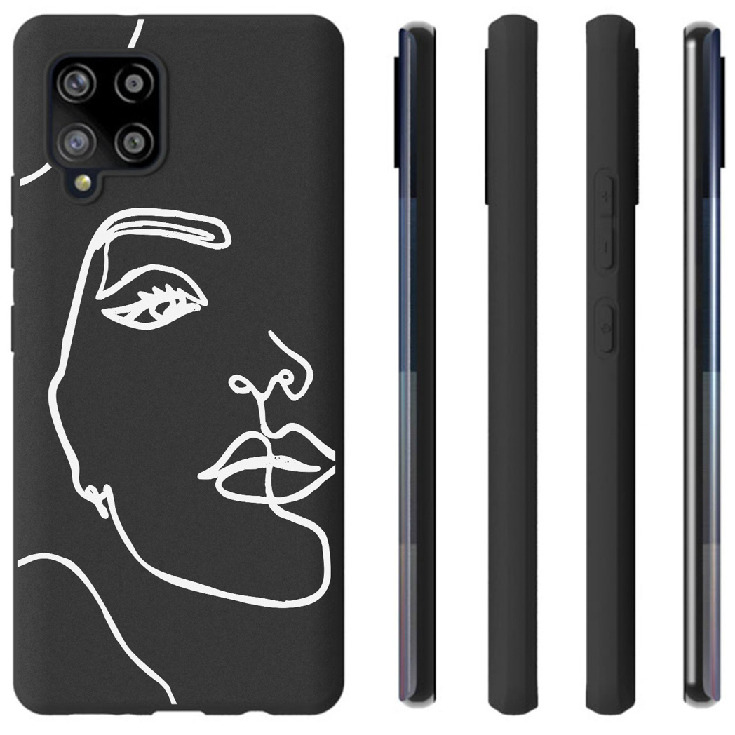 Un étui de téléphone noir avec un dessin au trait blanc d'un visage. Plusieurs vues de l'étui sont montrées.