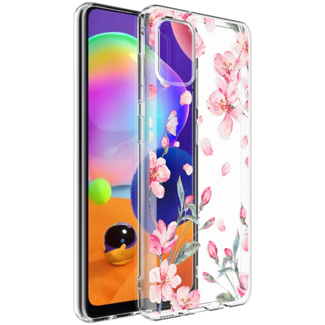 Transparante telefoonhoes met roze bloemen.