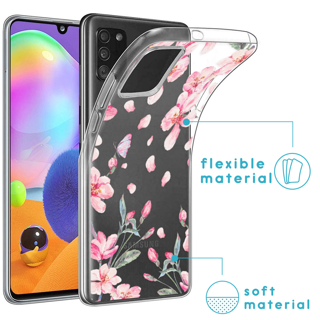 Een telefoon met een bloemenhoesje staat links. Het transparante hoesje is gelabeld met flexibel materiaal en zacht materiaal.