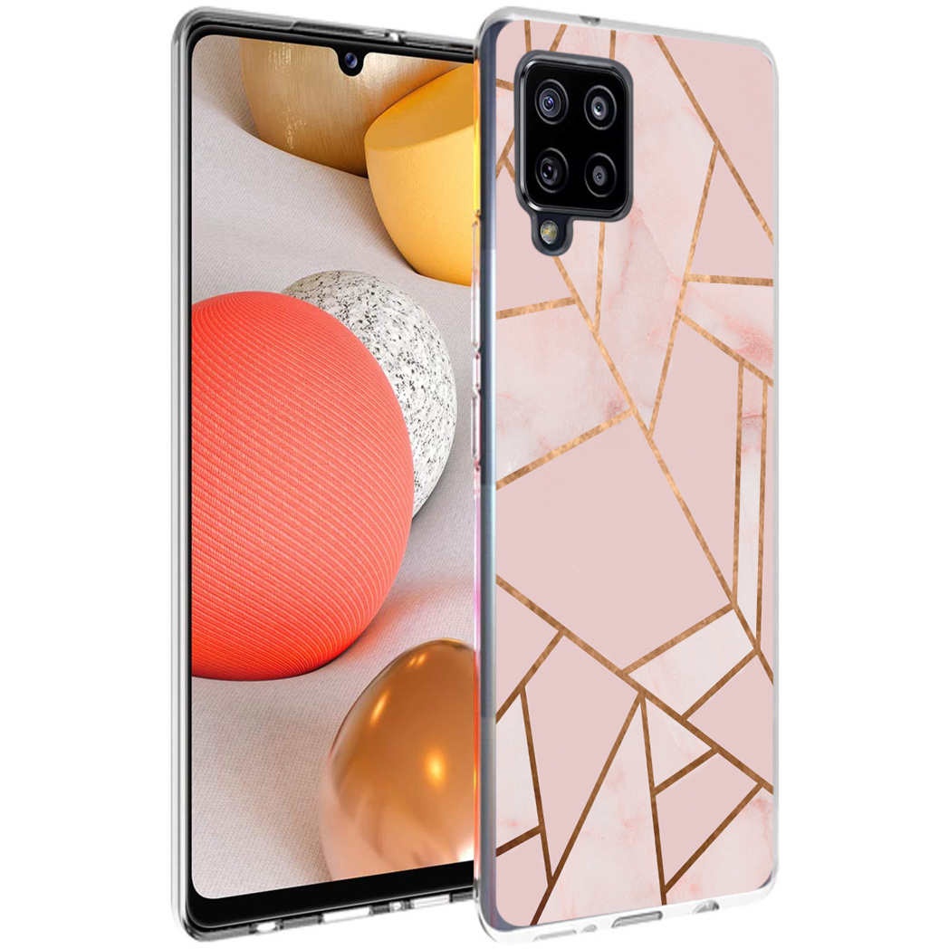 Coque de téléphone rose et or à droite. Téléphone dans l'étui avec fond blanc.
