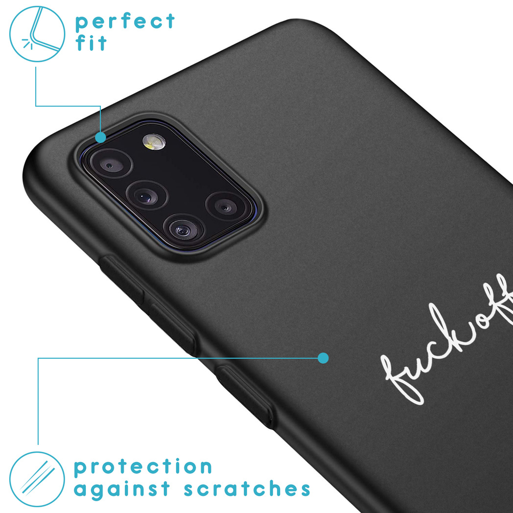Zwarte telefoonhoes met het woord 'fuckoff' in wit. Het heeft een perfecte pasvorm en beschermt tegen krassen.