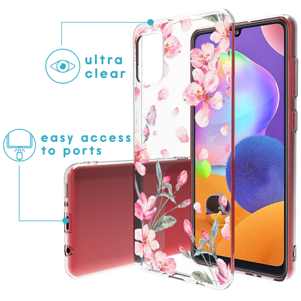 Een transparant telefoonhoesje met roze bloemenontwerp, met een telefoon op de achtergrond. Gemakkelijke toegang tot poorten.