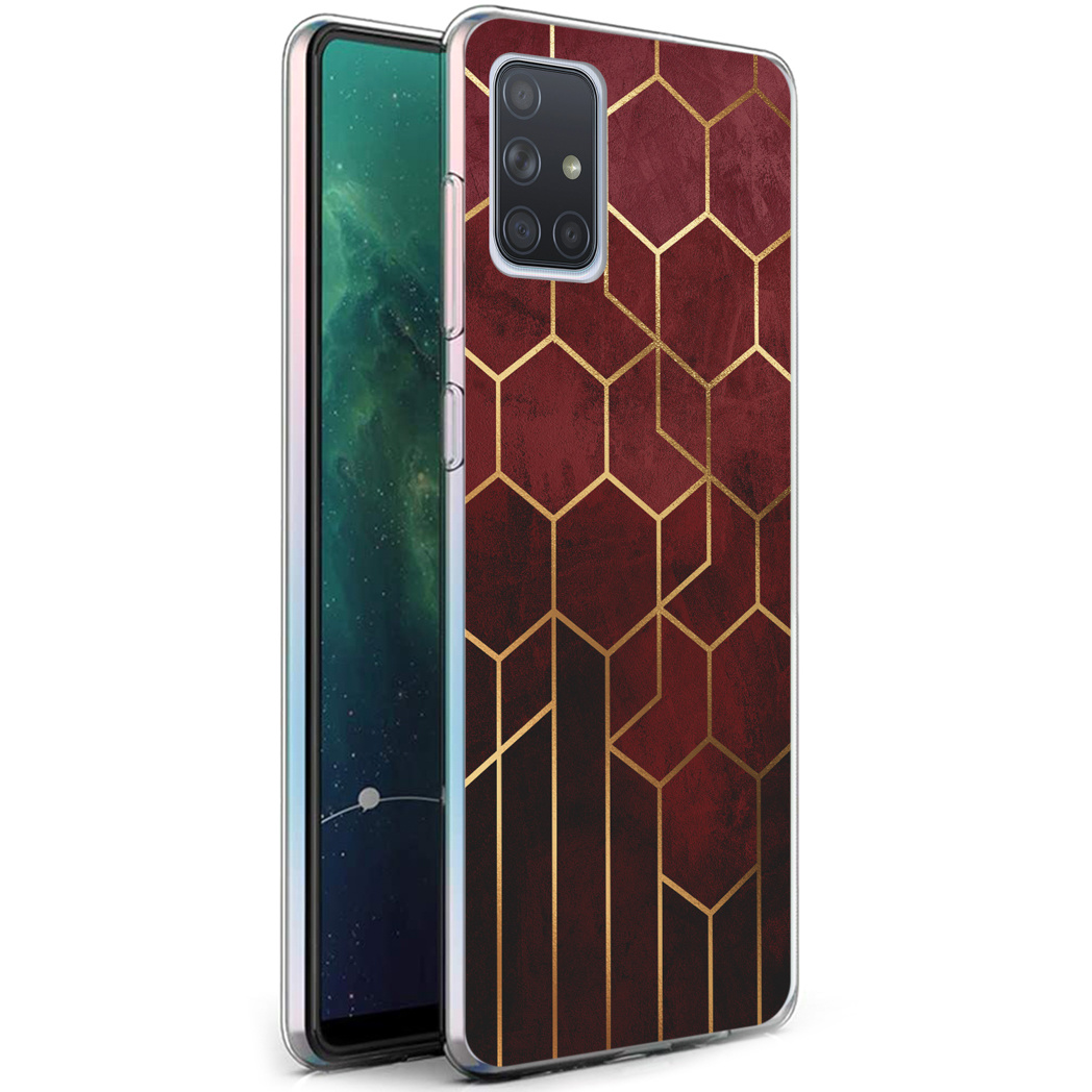 Rode en gouden geometrische telefoonhoes op een telefoon. Witte achtergrond.