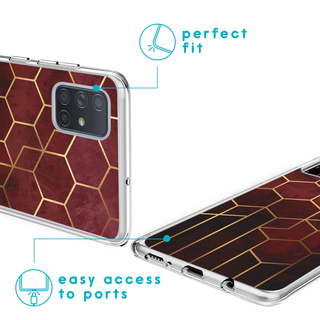 Telefoonhoesje met een rood en goud geometrisch patroon, met gemakkelijke toegang tot poorten en bescherming.