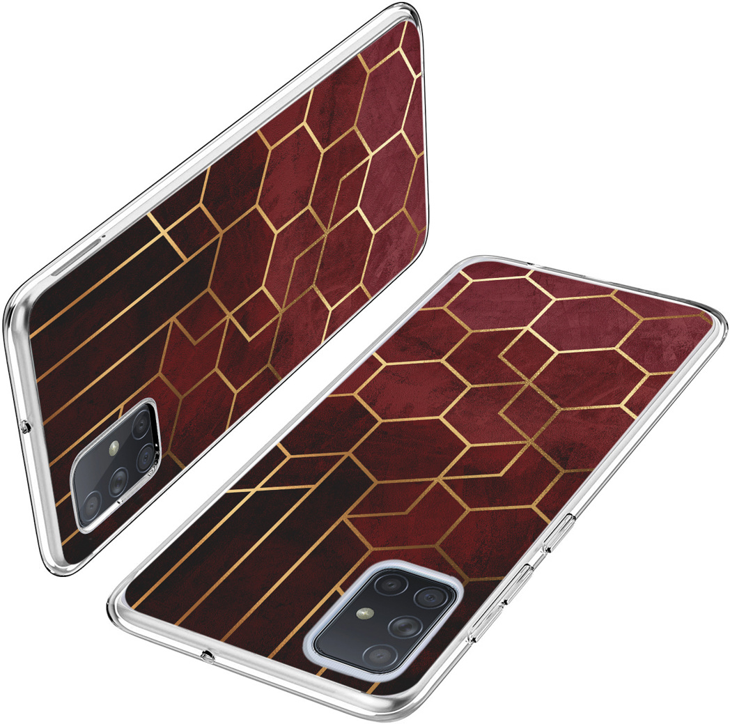 Twee telefoonhoesjes met bordeauxrode en gouden geometrische patronen. Beide zijn transparante hoesjes.