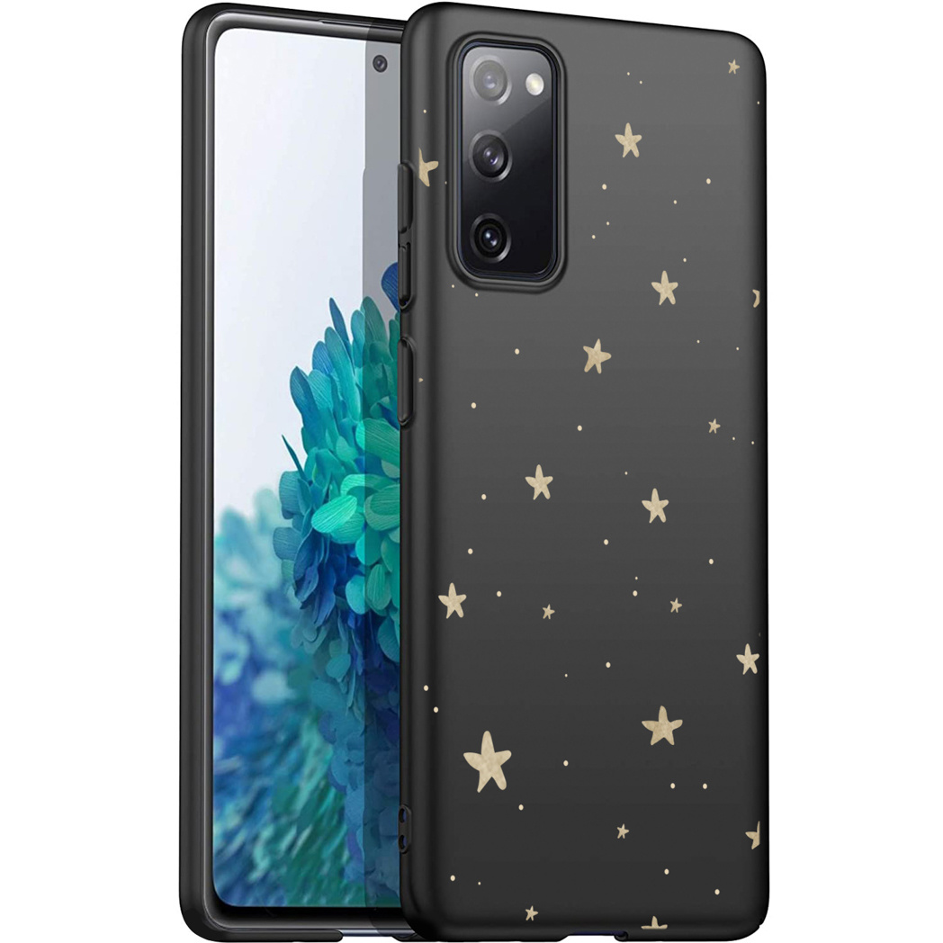 Custodia per telefono nera con stelle dorate.