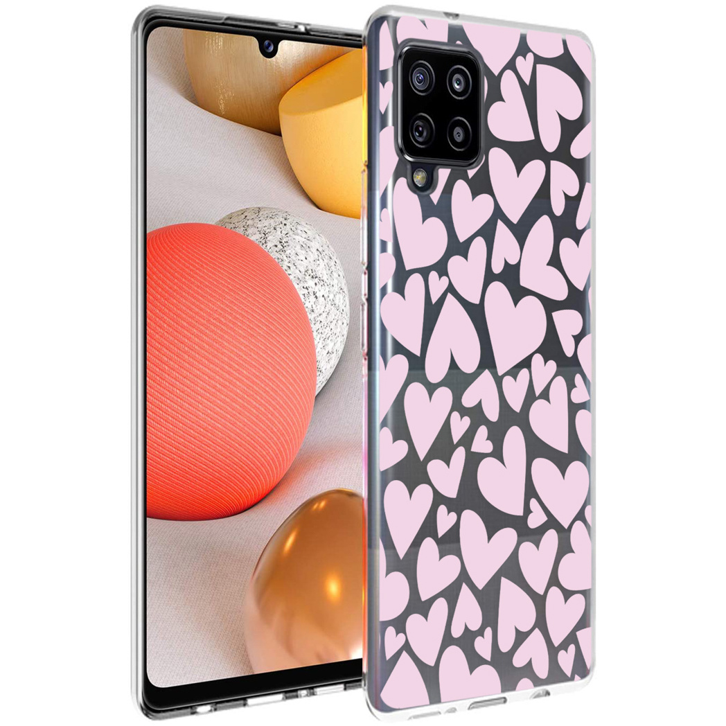 Téléphone avec des cœurs roses sur fond noir, sur une coque blanche.