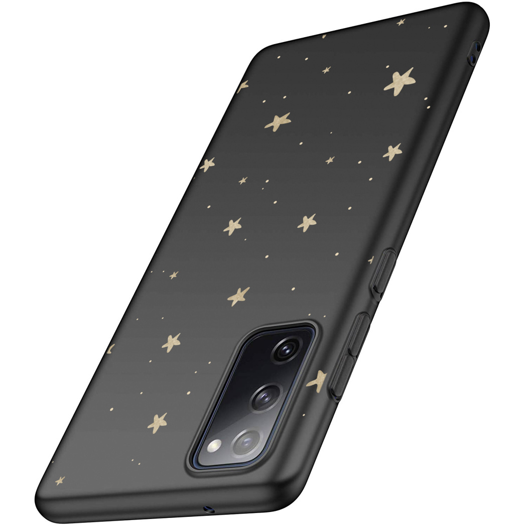 Custodia per telefono nera con stelle dorate. La custodia ha ritagli per fotocamera e pulsanti sul lato.