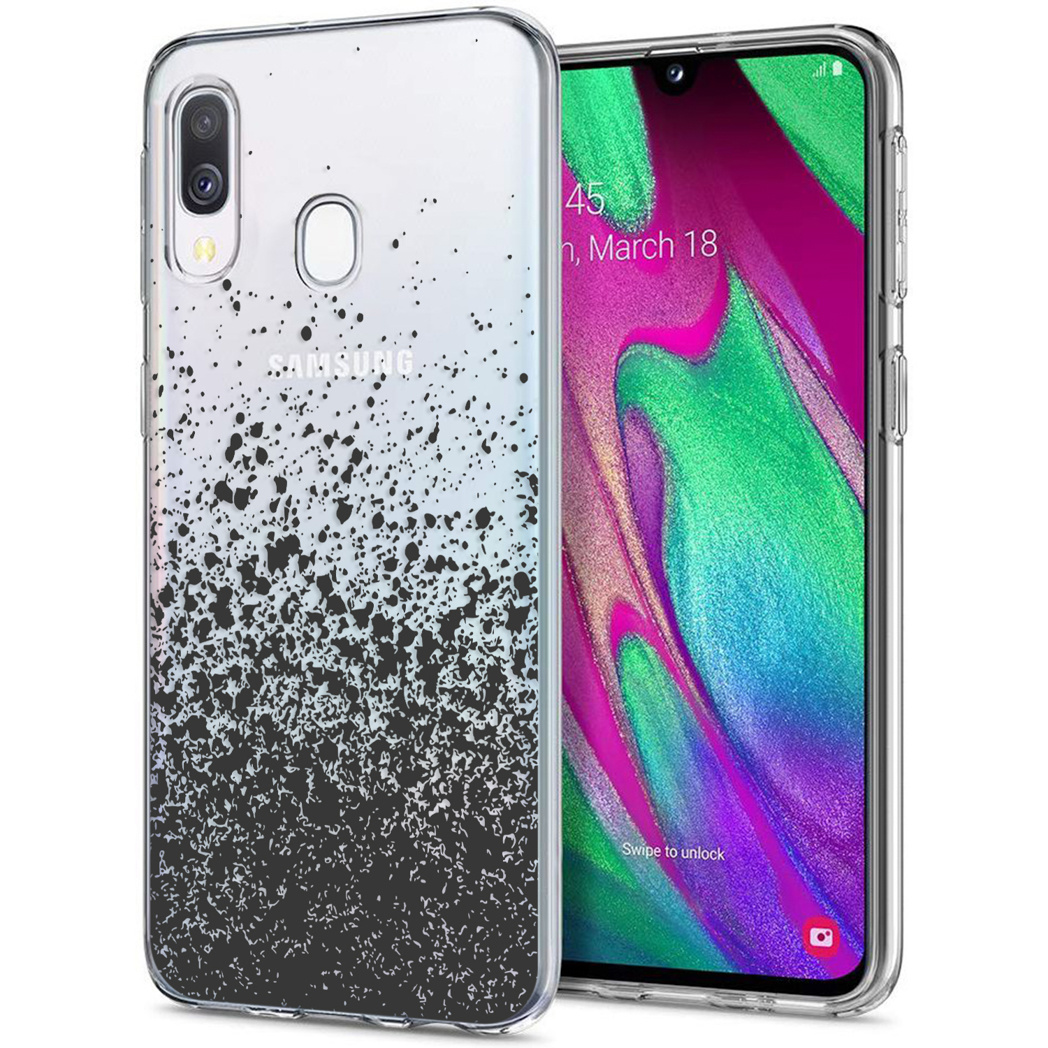 Handyhülle mit schwarzen Farbspritzern auf transparentem Design. Das Telefon ist im Inneren platziert.