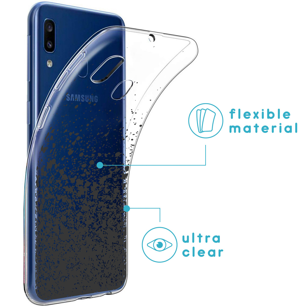 Transparente Handyhülle auf blauem Telefon. Text zeigt flexibles und klares Material.