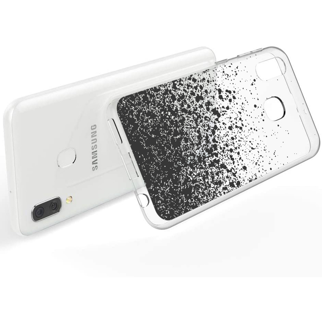 Ein weißes Telefon mit einer schwarz-weißen Spritzschutzhülle. Das Telefon ist geneigt.