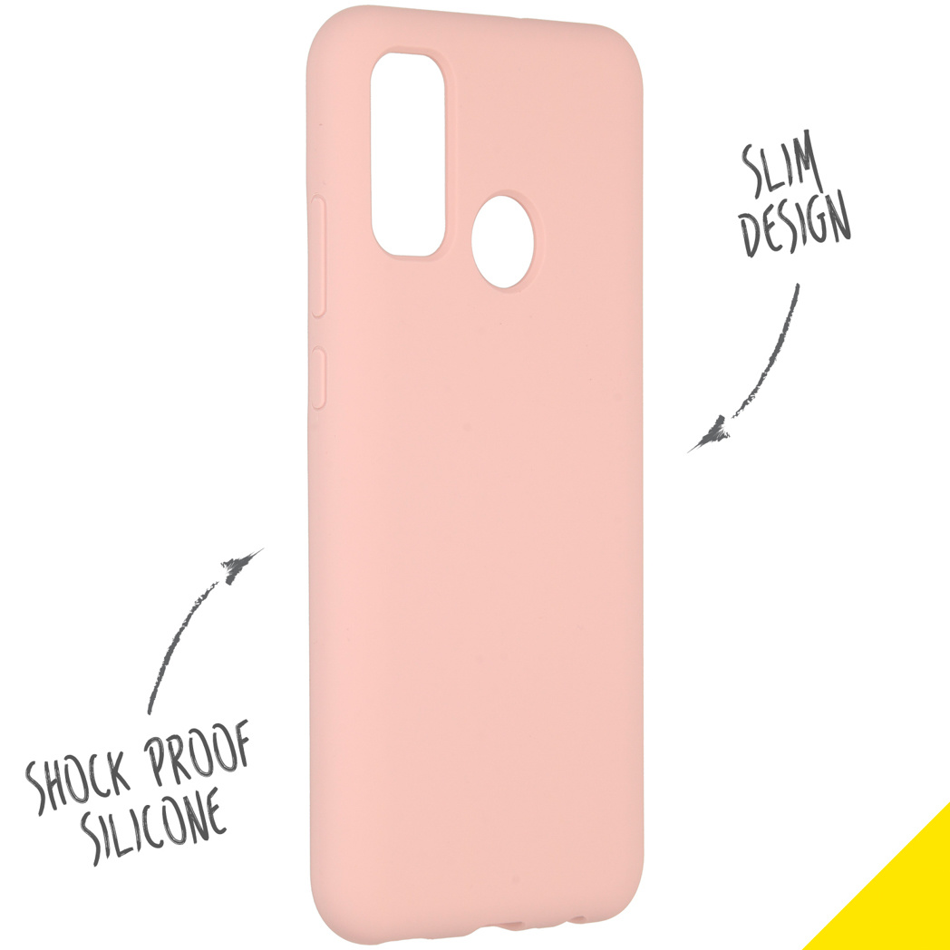 Custodia per telefono rosa con frecce che indicano il testo "silicone antiurto" e "design sottile" sulla custodia.