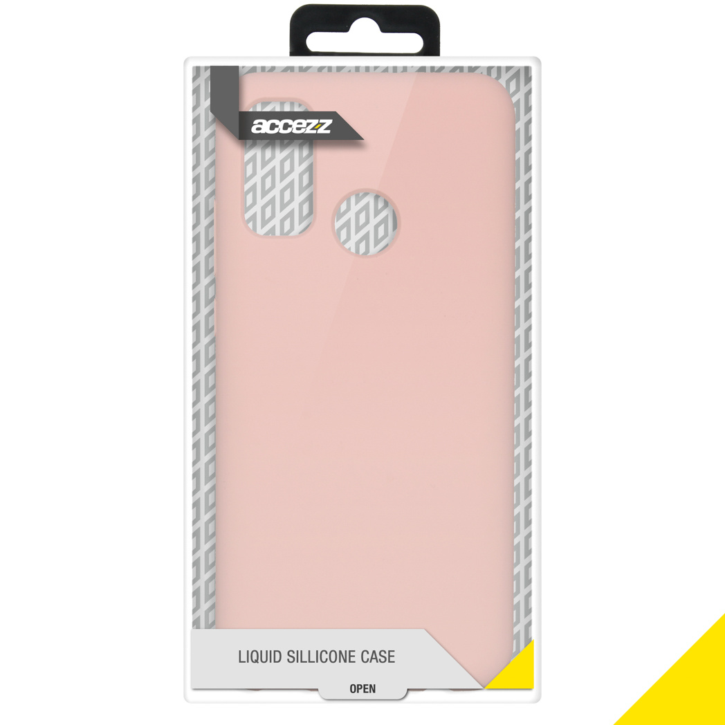 Custodia per telefono in silicone liquido rosa in una scatola. La scatola è bianca e ha una striscia gialla in basso.