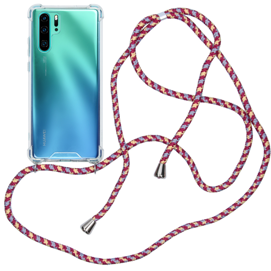 Une coque de téléphone transparente avec une sangle colorée. Le téléphone est visible.