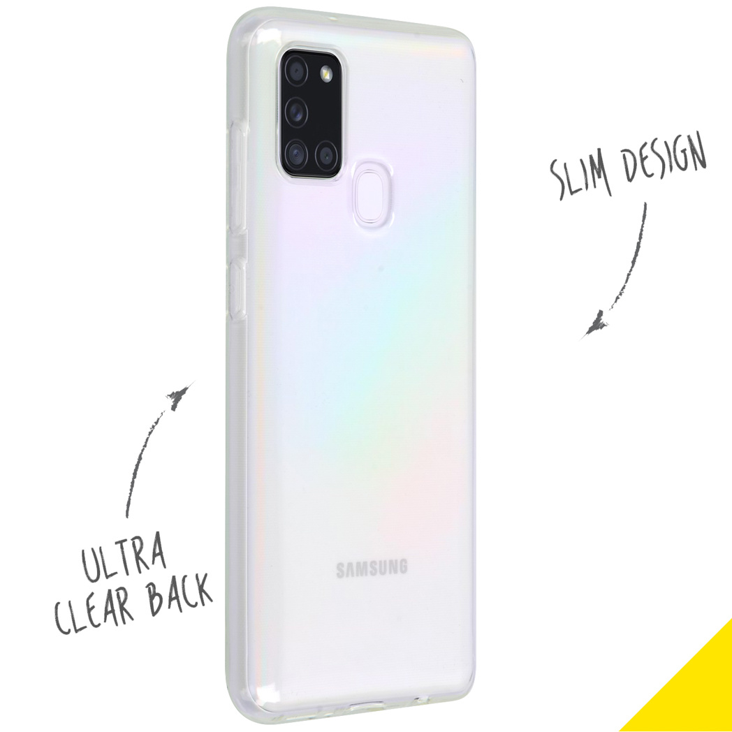 Coque transparente sur un téléphone blanc. Notes : design fin et dos ultra clair.