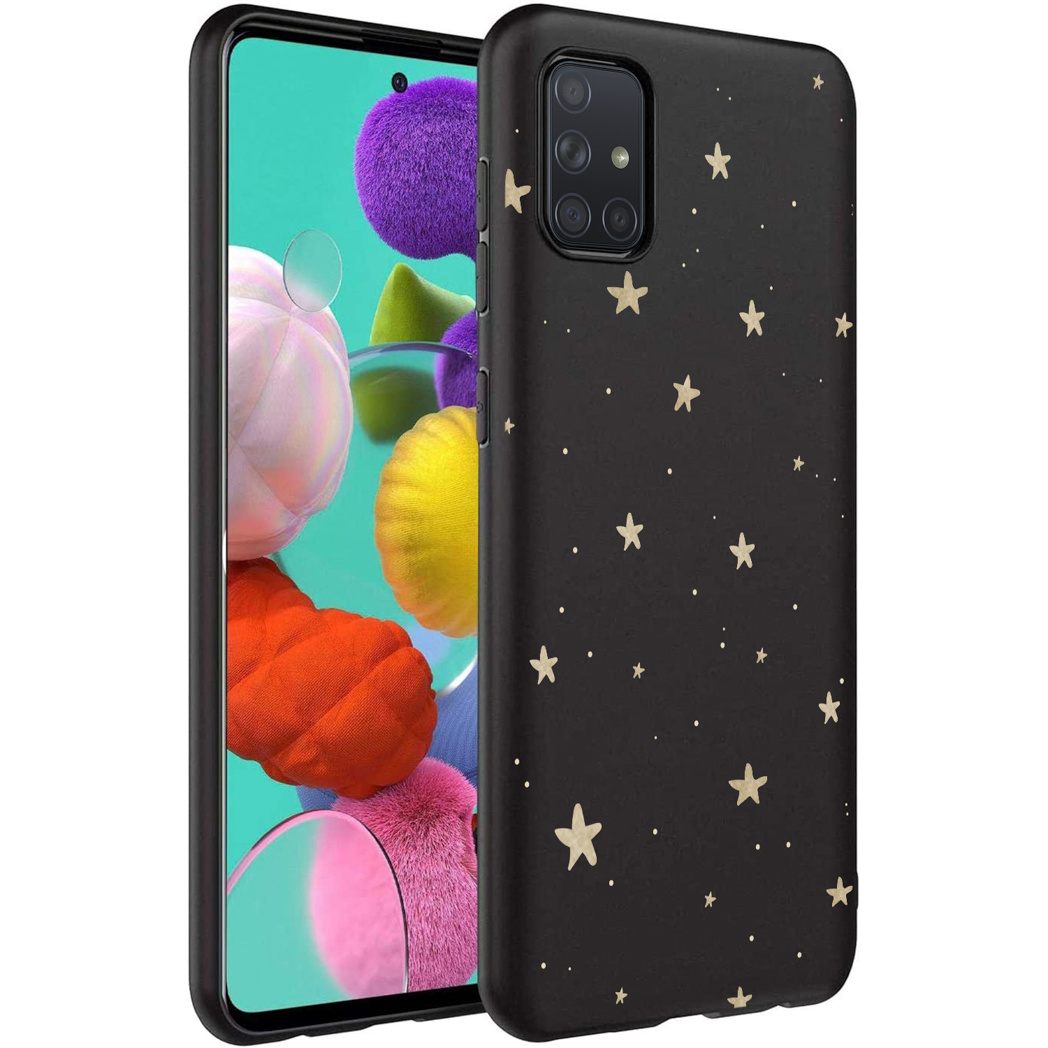 Téléphone dans un étui avec fond noir et étoiles dorées. Le téléphone est à gauche. L'étui est noir.