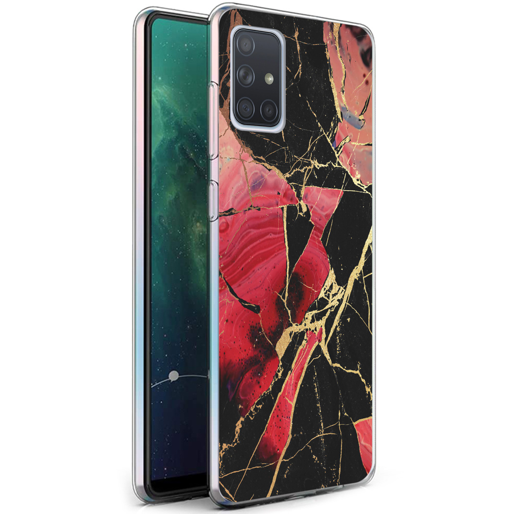Telefoonhoesje met rood en zwart marmer design.