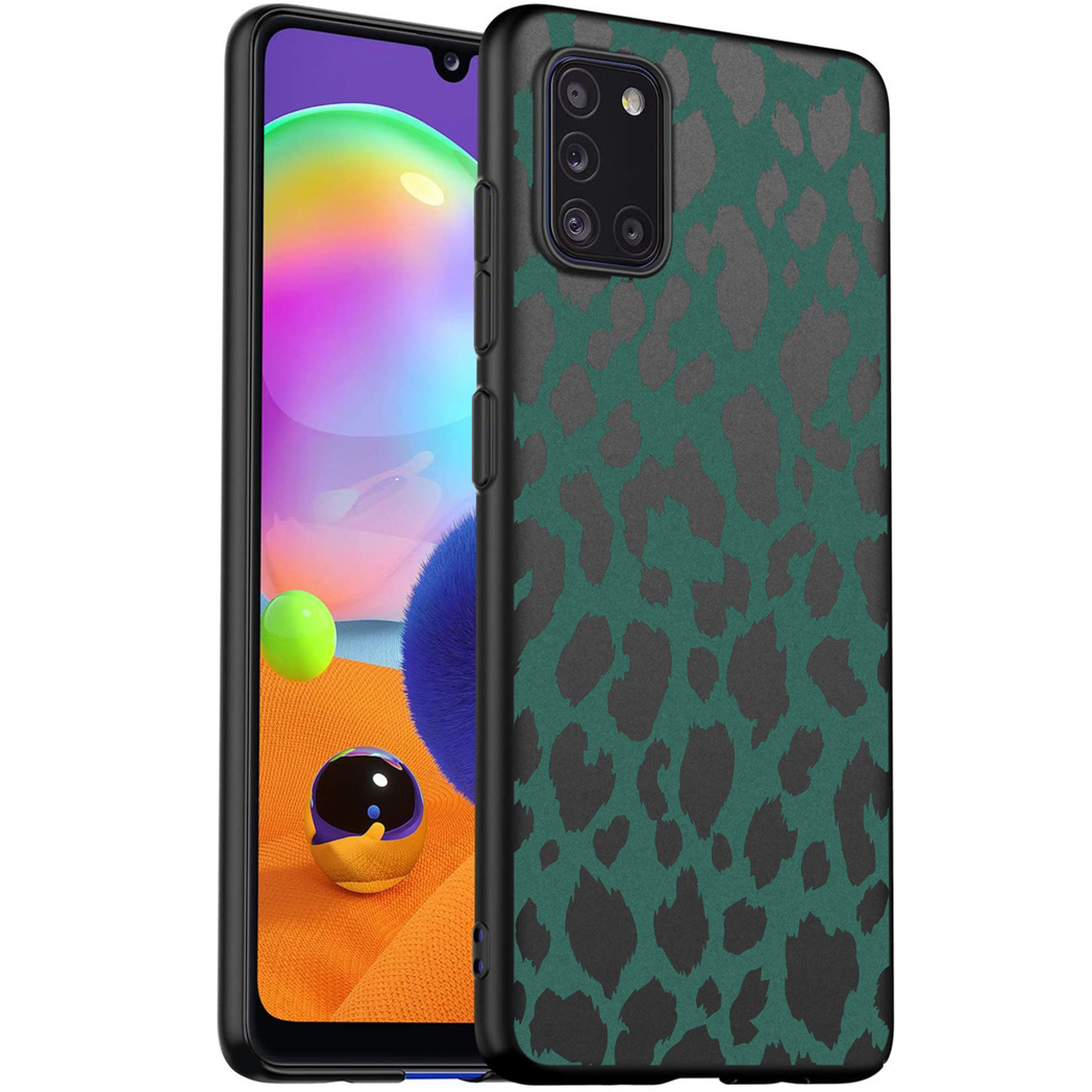 Telefoon in groene hoes met zwarte luipaardprint. Scherm toont kleurrijke bollen.