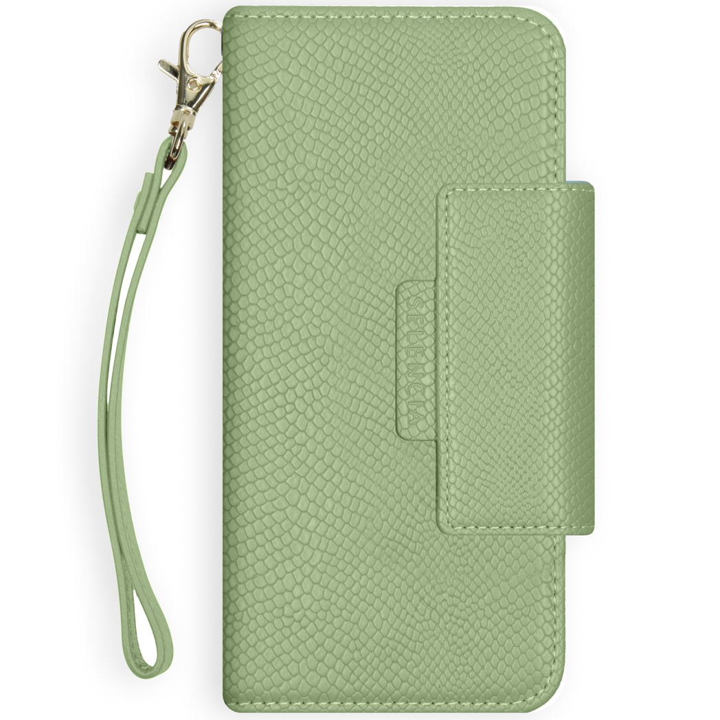 Groene telefoonhoes, open, met een riem. Toont een textuurpatroon.