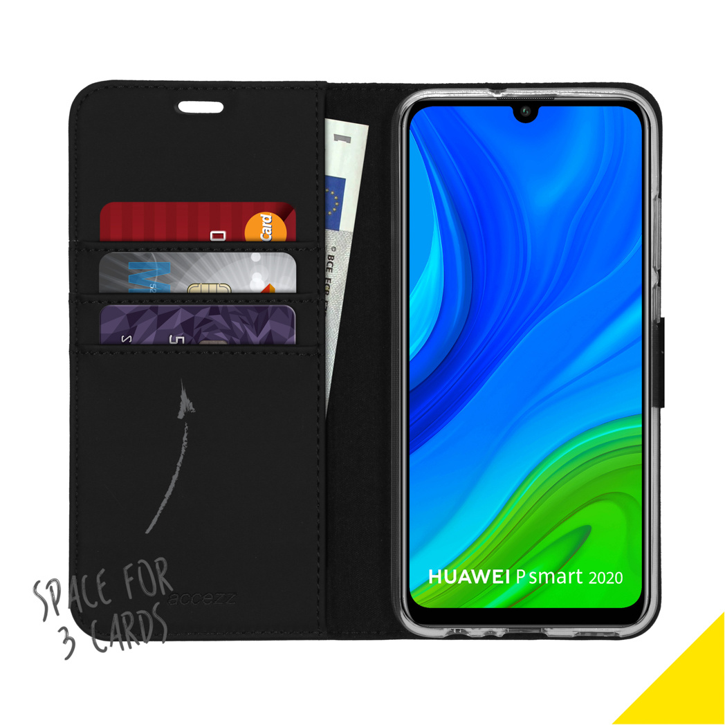 Zwarte telefoonhoes met kaartsleuven, telefoon met blauw scherm en een bankbiljet.