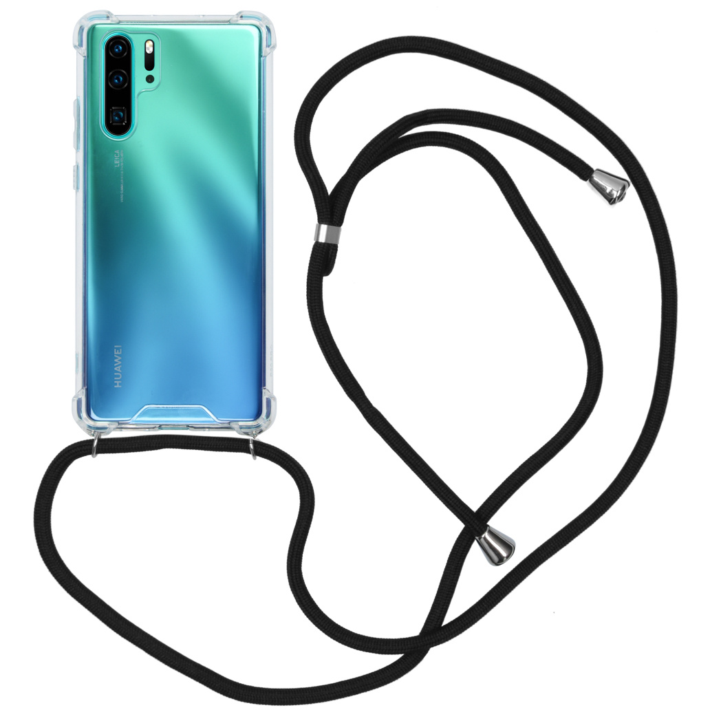 Coque de téléphone transparente avec une sangle noire. Le téléphone est bleu et vert. La sangle a des extrémités argentées.