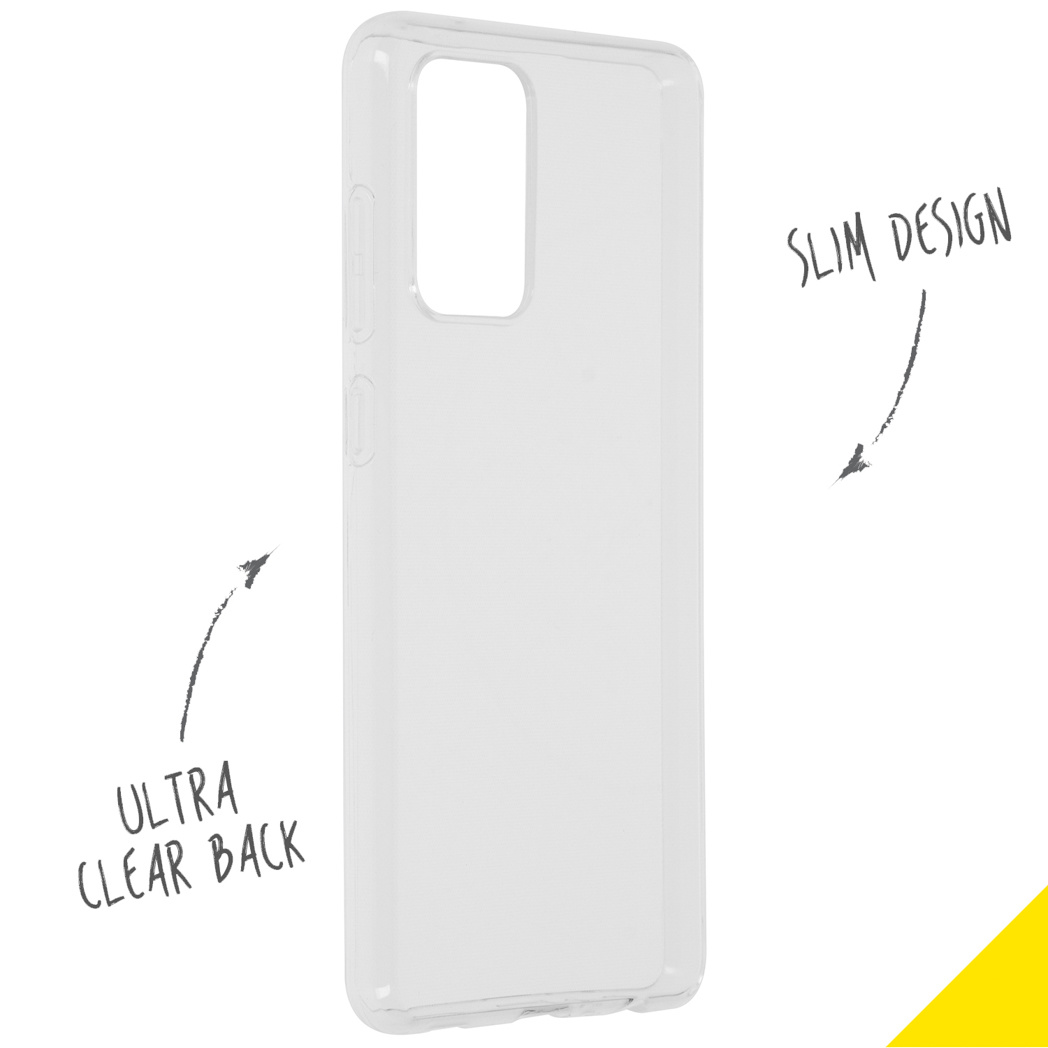 Étui de téléphone transparent. Texte : Dos ultra transparent. Design fin. Flèches pointent vers le texte.