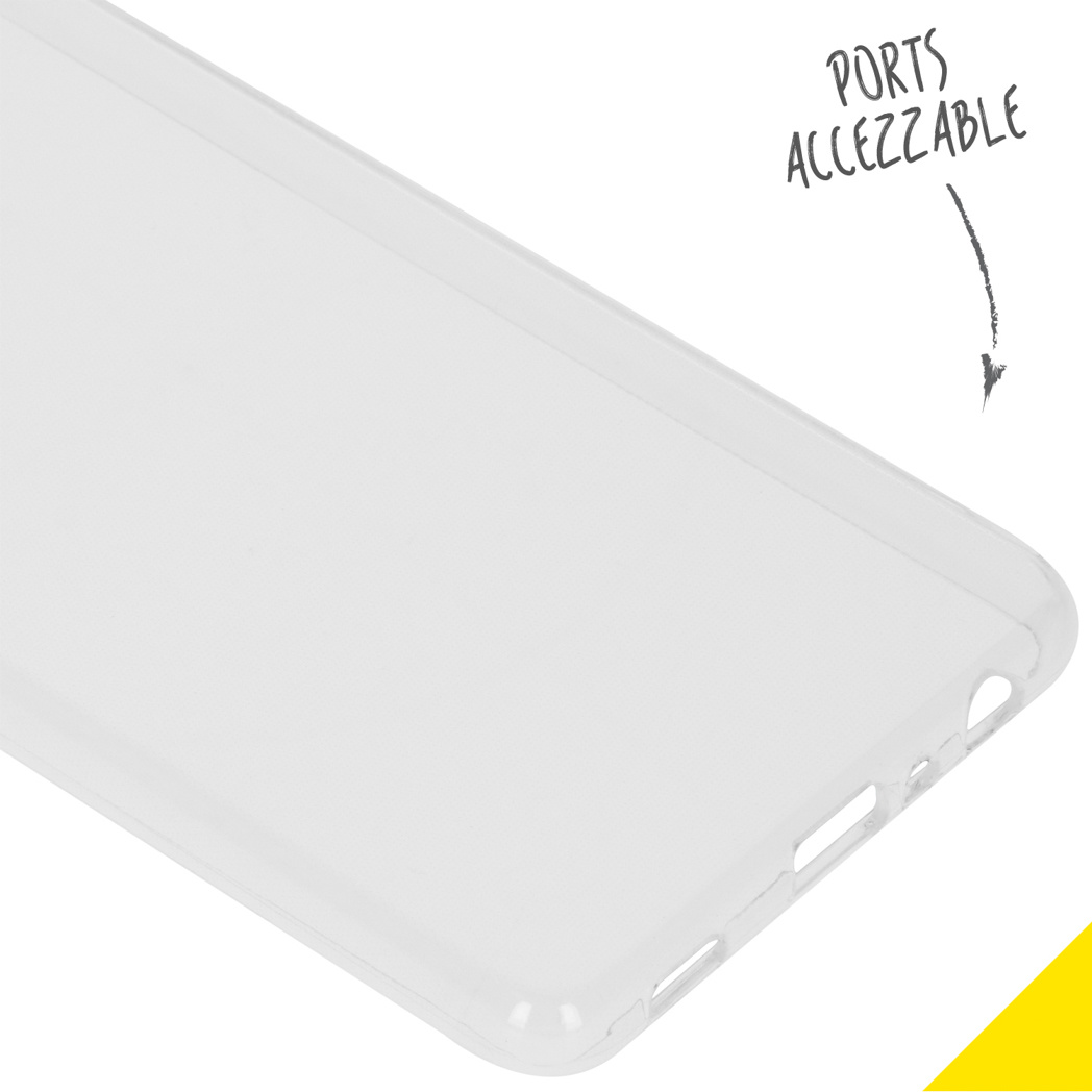 Une coque de téléphone transparente avec des ports accessibles et un texte pointant vers les ports.