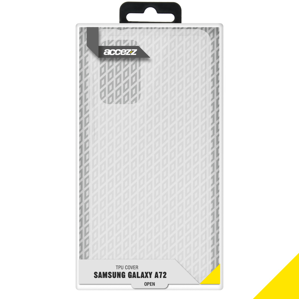 Emballage de coque de téléphone blanc et gris. Texte : Samsung Galaxy A72. Couverture TPU.