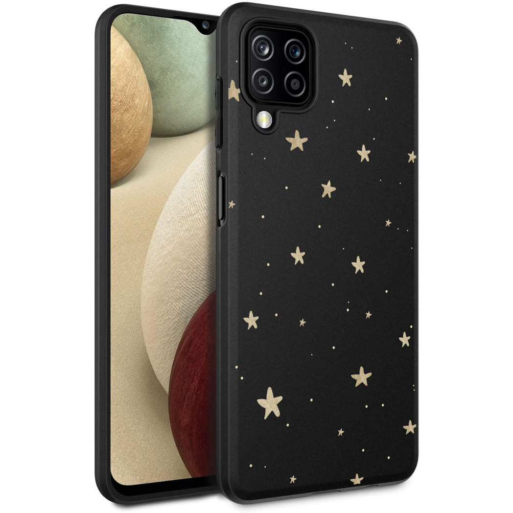 Zwarte telefoonhoes met gouden sterren. Telefoonhoes toont telefoonscherm.