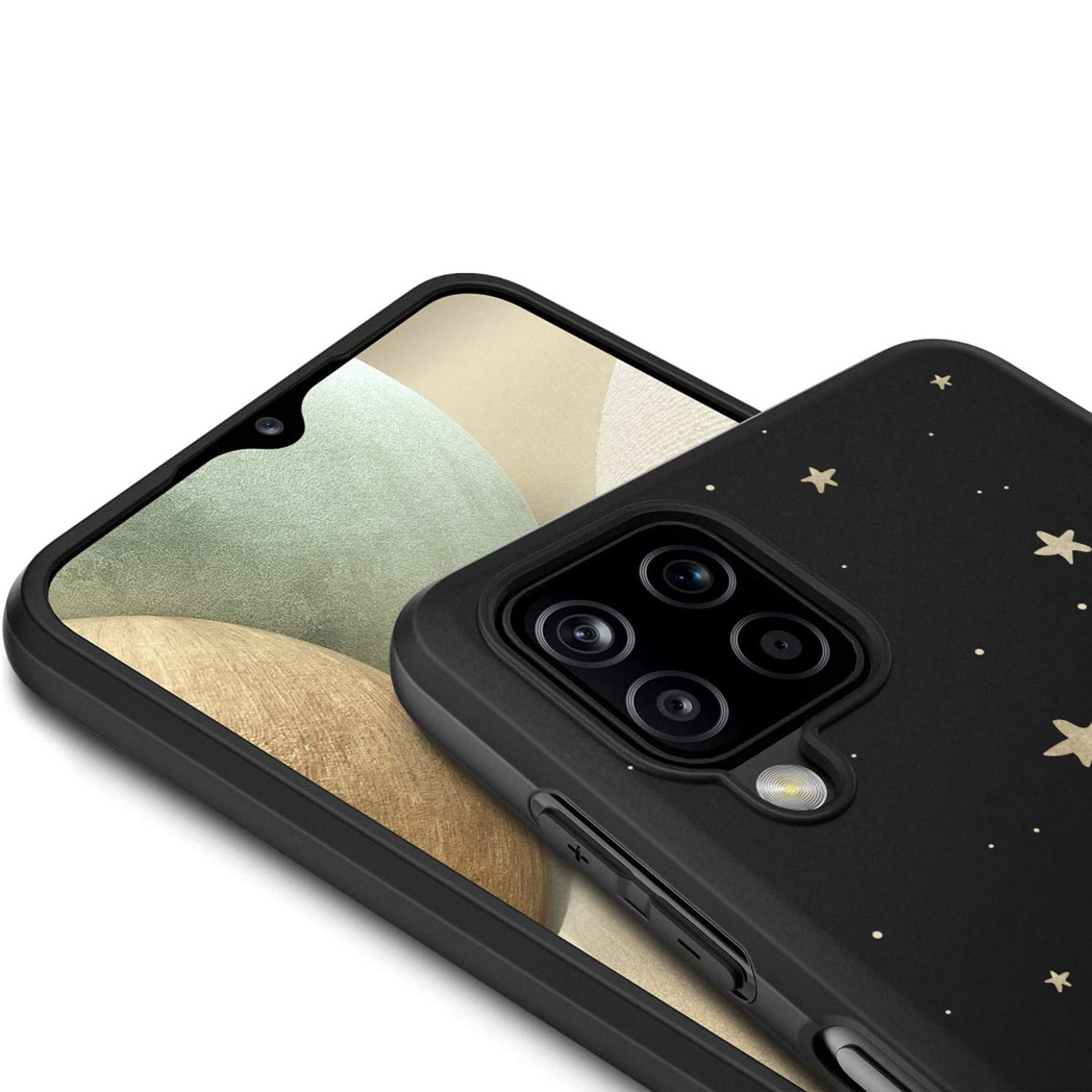 Zwarte telefoonhoes met sterren. Het heeft een zwarte rand en een telefoon met een licht scherm.