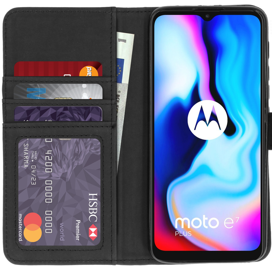 Zwarte telefoonhoes, open. Toont telefoon, kaarten en geld. HSBC- en Mastercard-logo's zichtbaar.