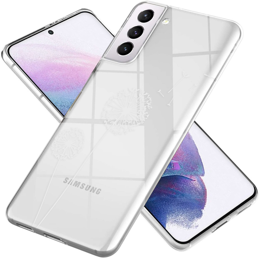 Transparante telefoonhoesjes met paardenbloemdesign. Eén hoesje bovenop twee telefoons, toont het design.
