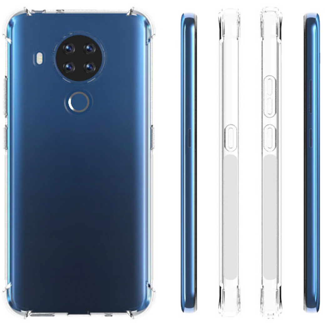 Meerdere weergaven van een blauwe telefoon in een transparante hoes. Zijkanten en achteraanzichten worden getoond.