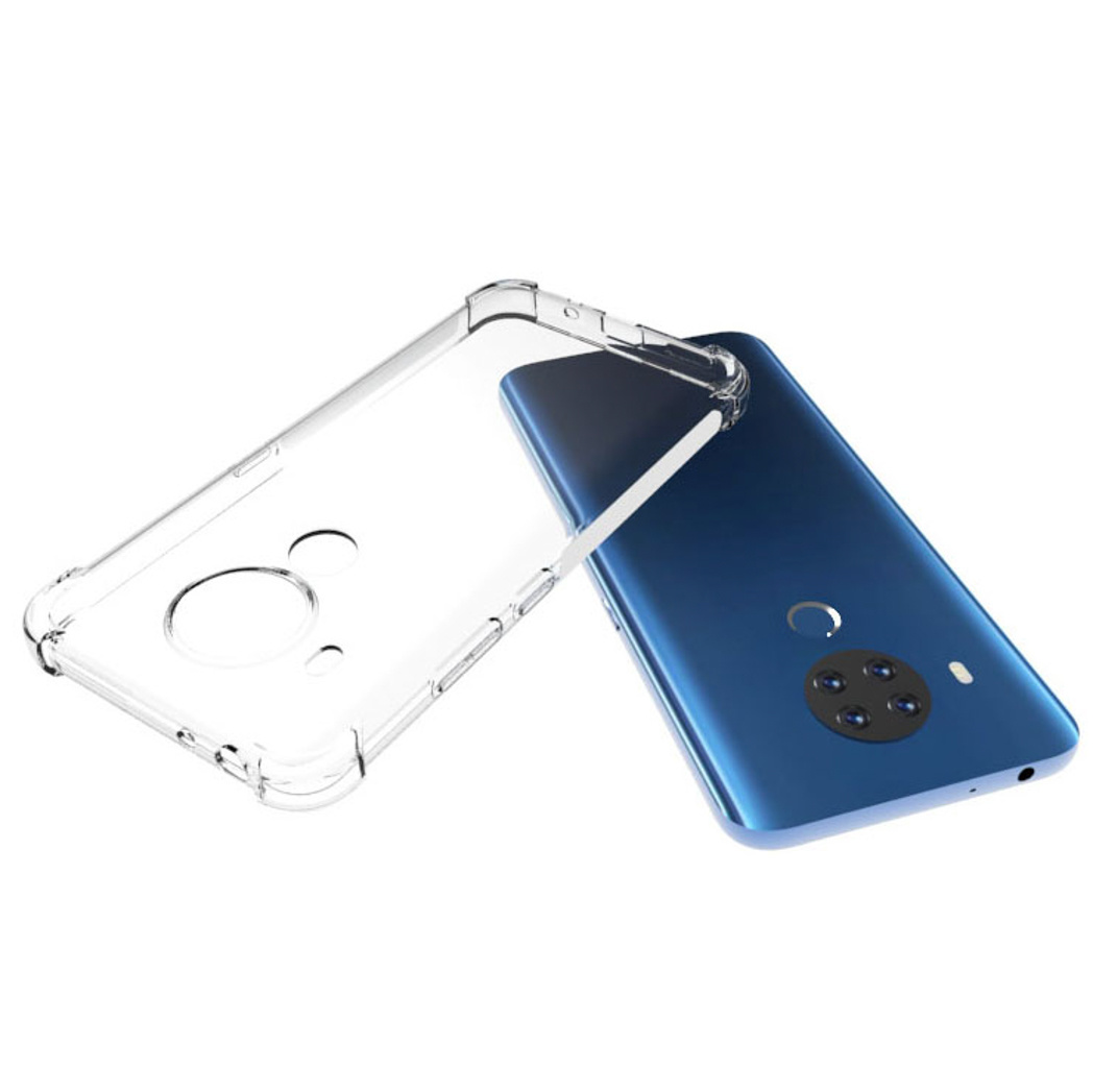 Blauwe telefoon met doorzichtige hoes. De hoes is eraf. Witte achtergrond.