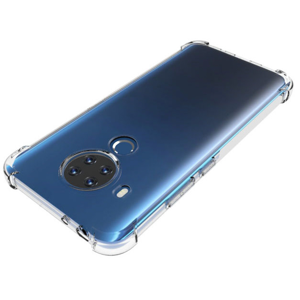 Blauwe telefoonhoes met telefoon erin. Transparante beschermranden.