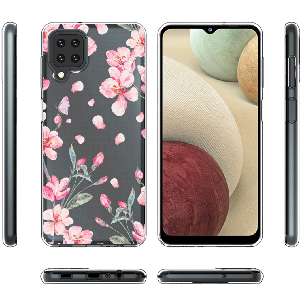Telefoonhoesje met een bloemenontwerp. Het is zwart met roze bloemen, een vlinder en vallende bloemblaadjes.