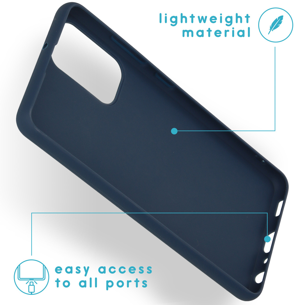 Coque de téléphone bleu foncé. Matériau léger. Accès facile à tous les ports est indiqué.