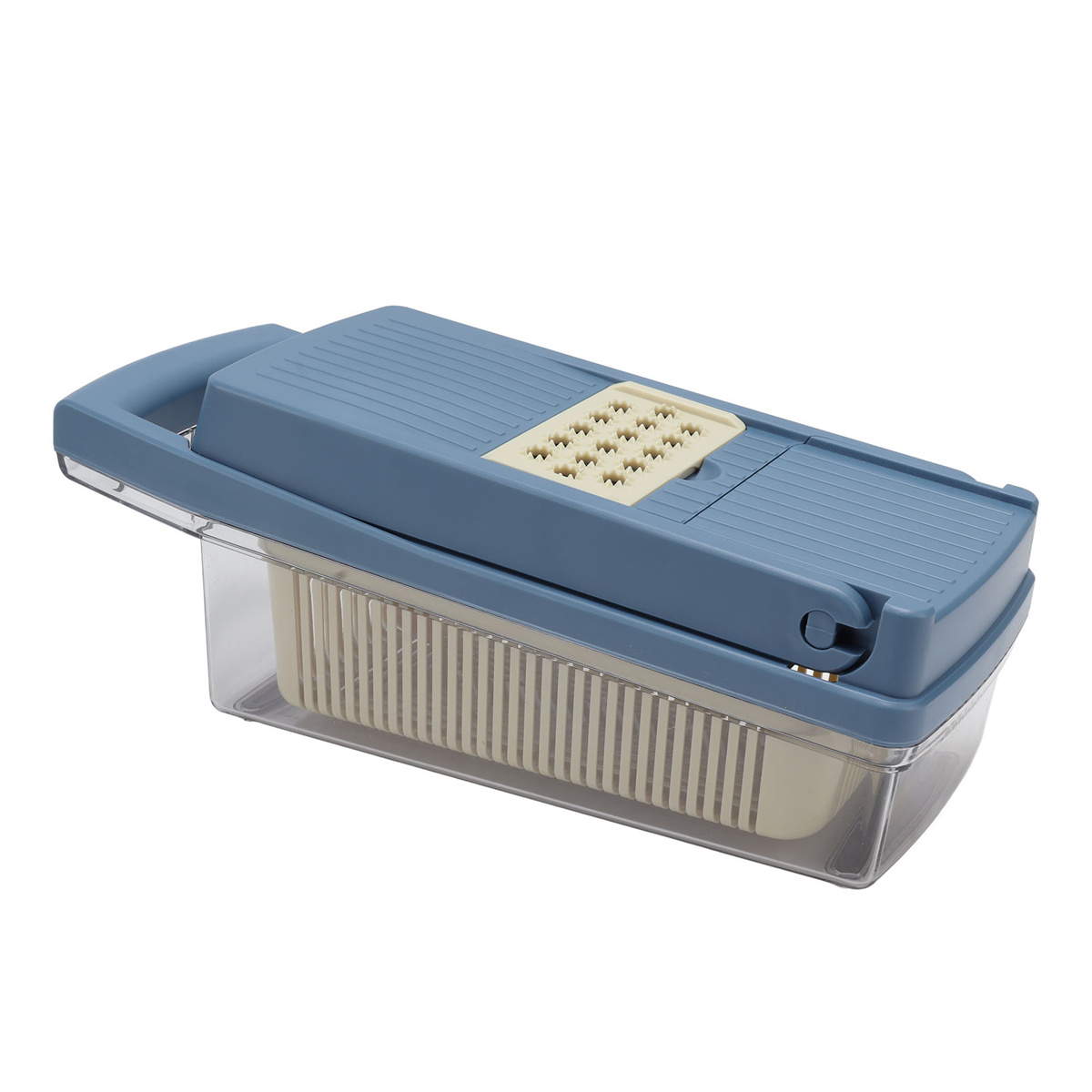 Blau-weißer Gemüseschneider mit transparentem Behälter und Griff.