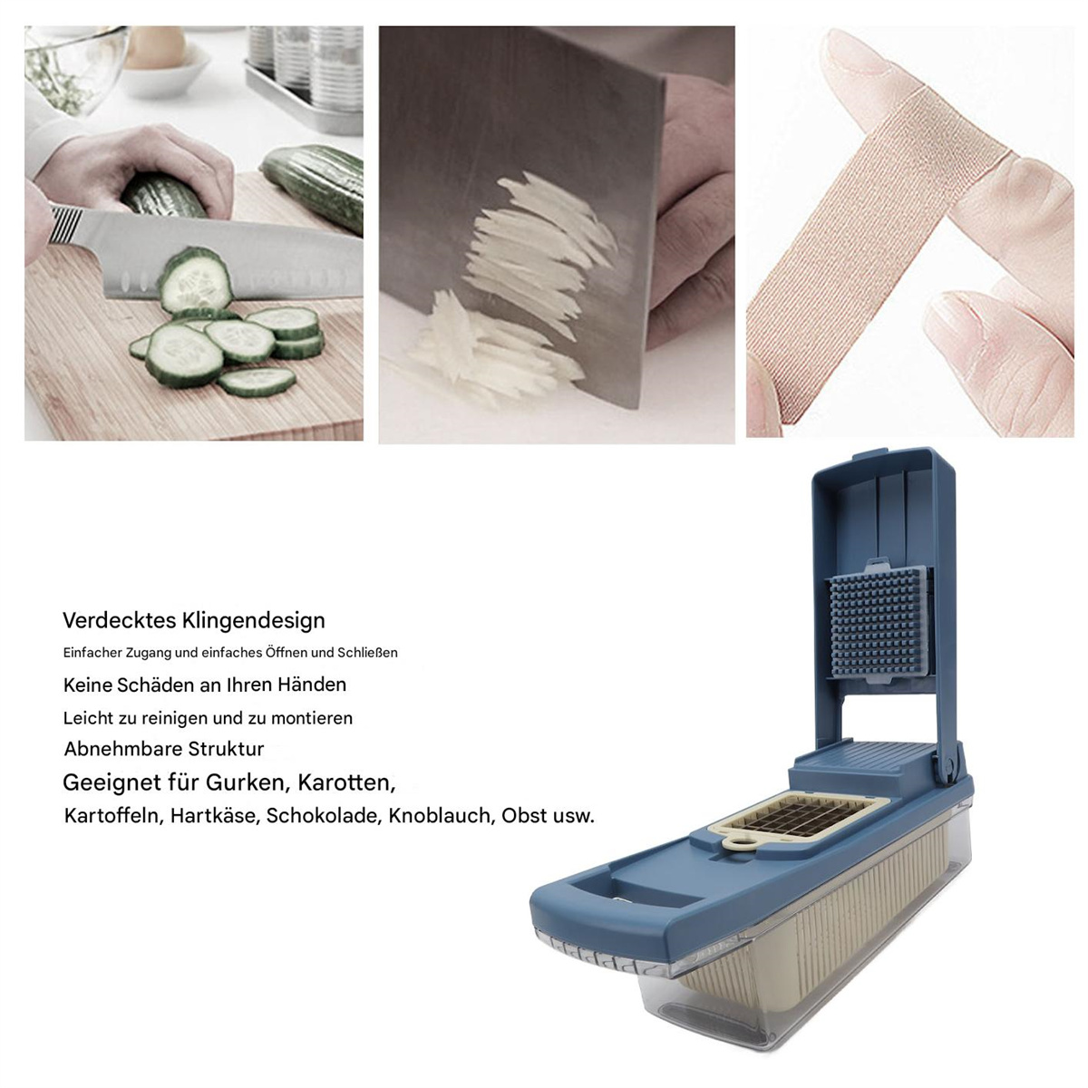 Gemüseschneider mit Gurkenscheiben, geraspeltem Gemüse und einem Verband an einem Finger.