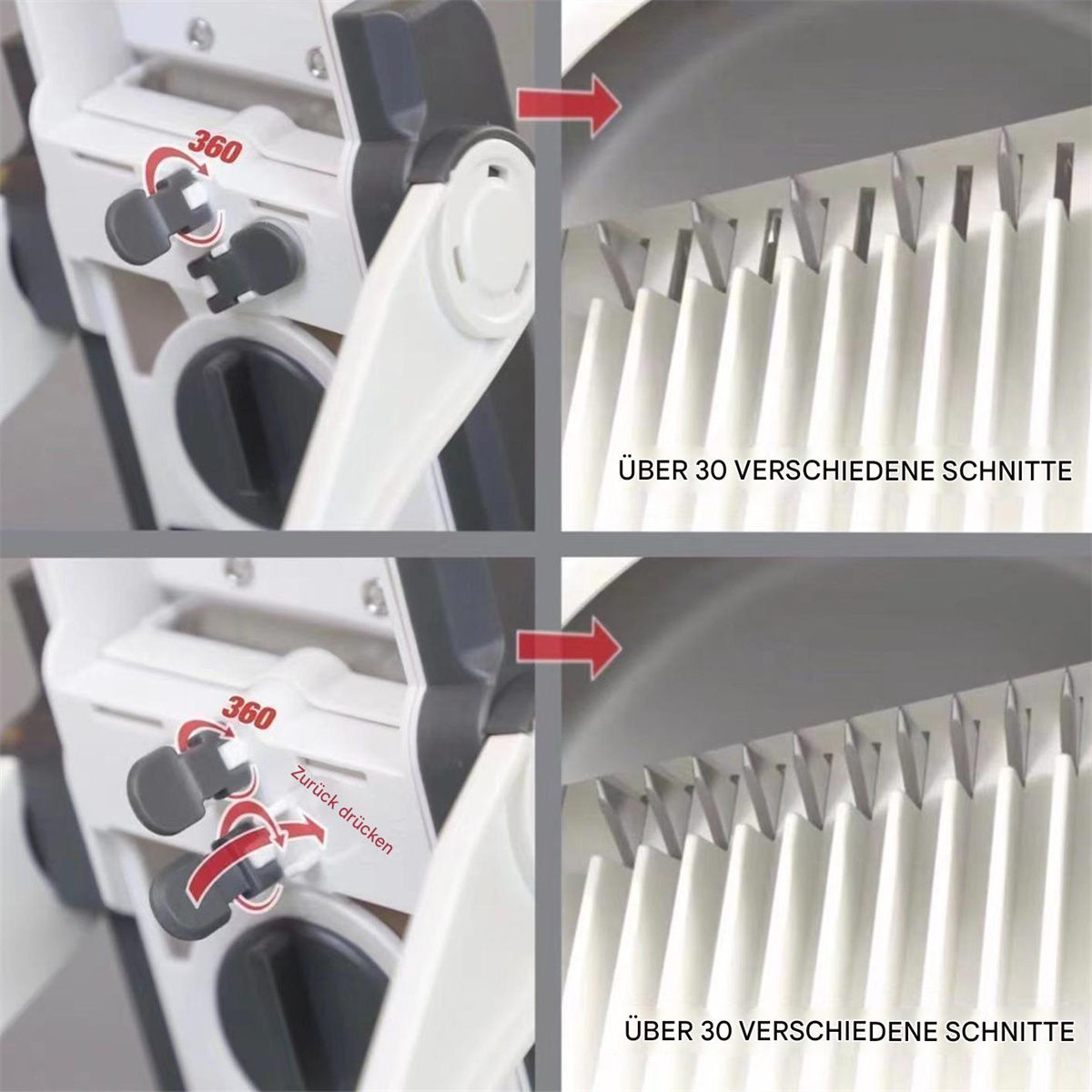 Nahaufnahme eines weißen Küchengeräts. Es hat Klingen und einen Mechanismus für verschiedene Schnitte.