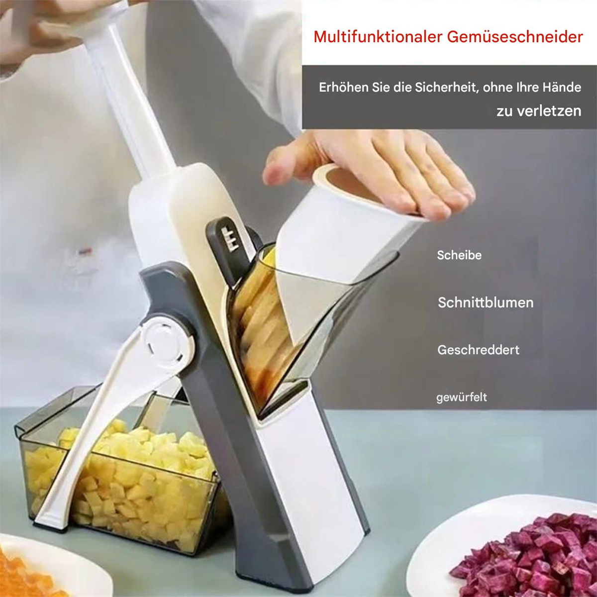 Ein Kartoffelschneider mit Kartoffeln in verschiedenen Schneidestufen, in vier Schritten.