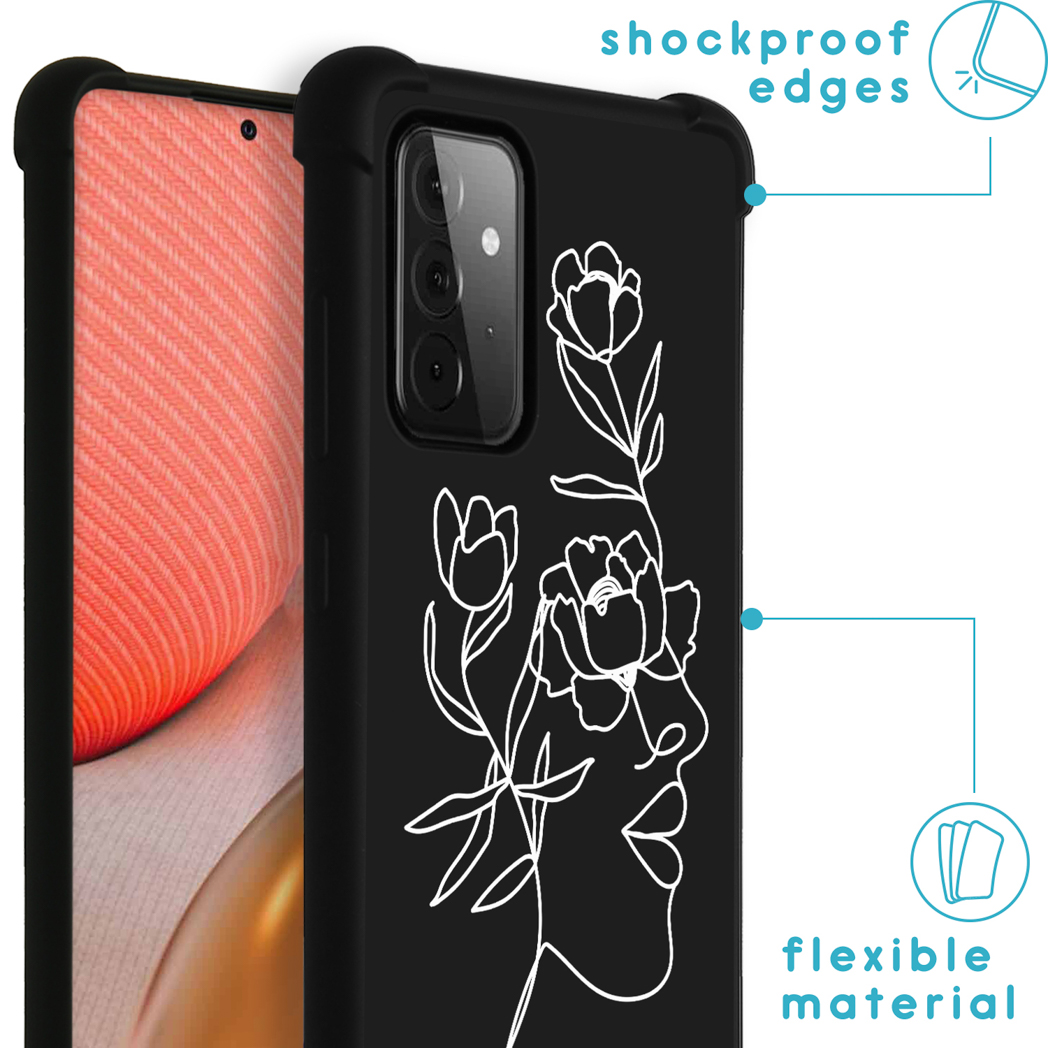 Zwarte telefoonhoes met een witte omtrek van een gezicht met bloemen. Kenmerken benadrukken schokbestendige randen.