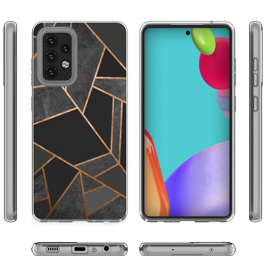 Custodia trasparente con design geometrico. Telefono con schermo a destra. Grigio, nero e oro rosa.