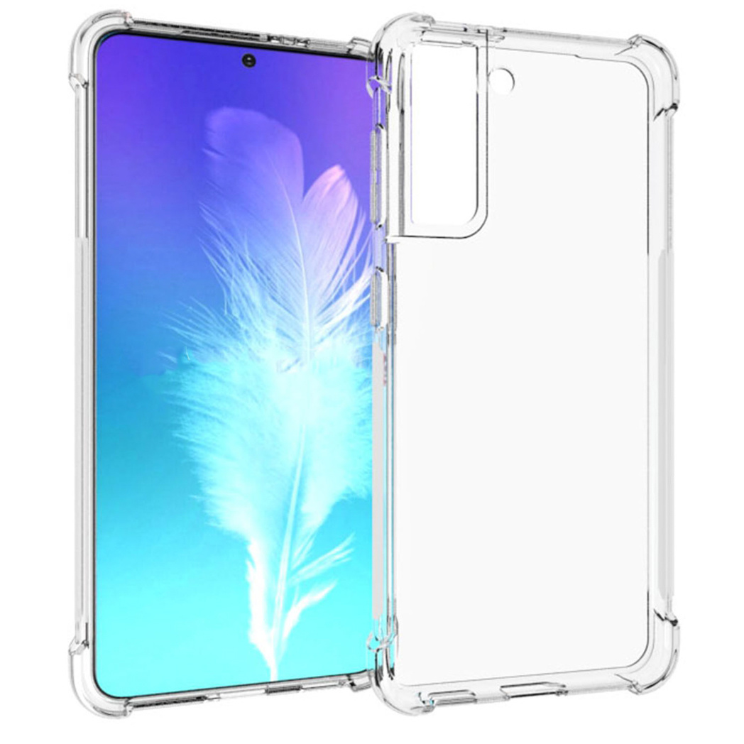 Custodia trasparente per telefono con un telefono all'interno, sfondo blu e viola.