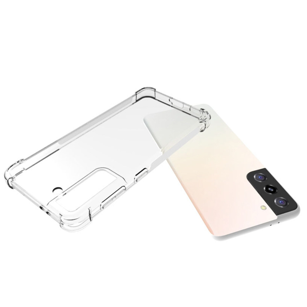 Custodia per telefono trasparente e telefono. Retro sfumato bianco e rosa. La custodia trasparente è aperta.