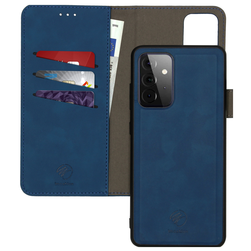 Étui de téléphone en cuir bleu, ouvert. Fentes pour cartes et argent visibles. Intérieur gris foncé. Étui noir.
