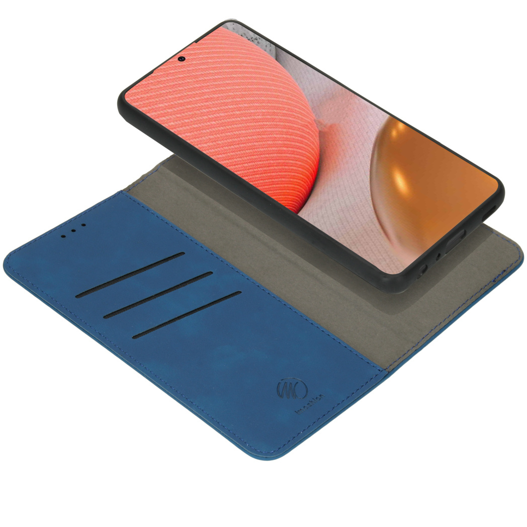 Étui de téléphone bleu ouvert, téléphone à l'intérieur. Le téléphone est noir avec un affichage d'écran vibrant.