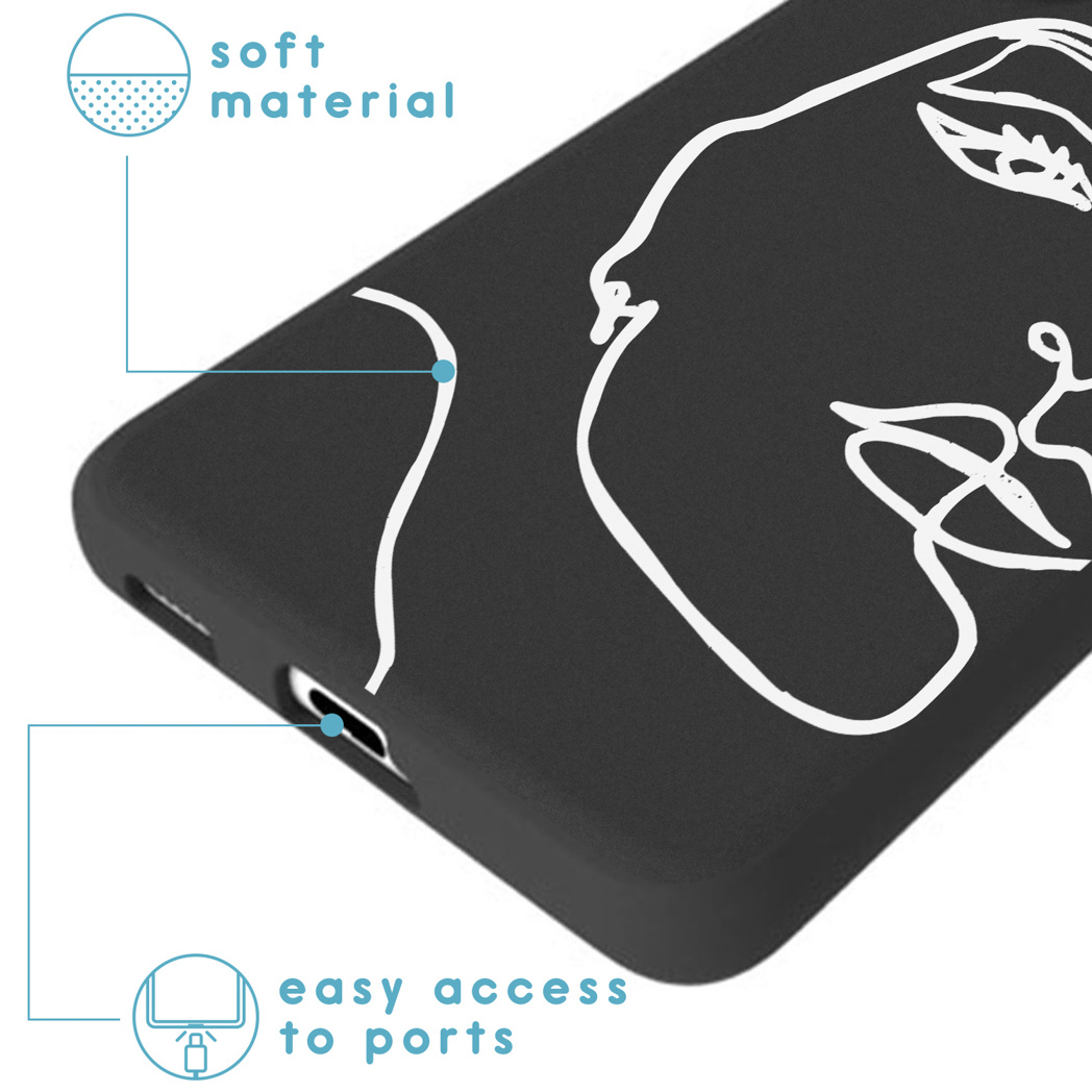 Custodia per telefono nera con un contorno bianco del viso. Il primo piano mostra un facile accesso alle porte e materiale morbido.