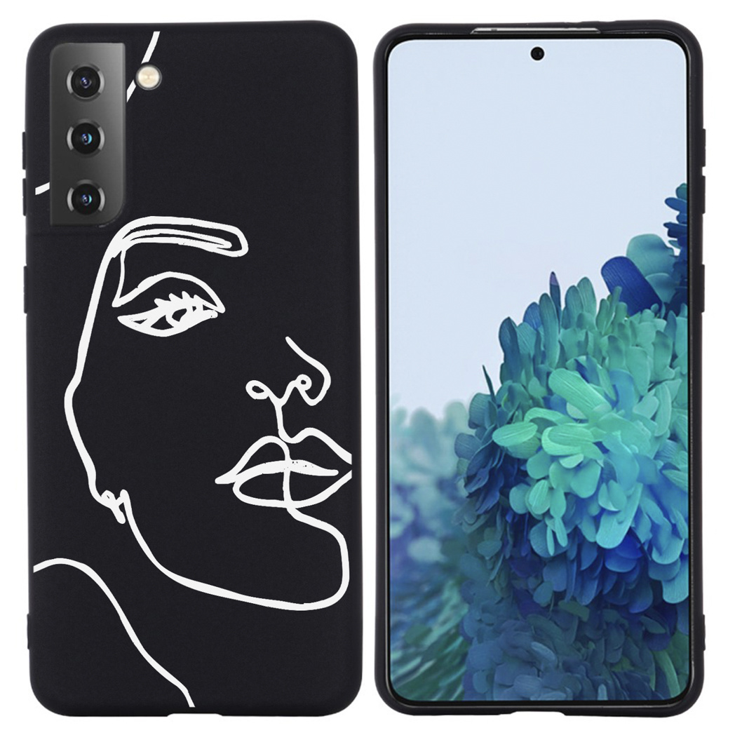 Custodia per telefono nera con design a volto bianco. La custodia mostra lo schermo del telefono.